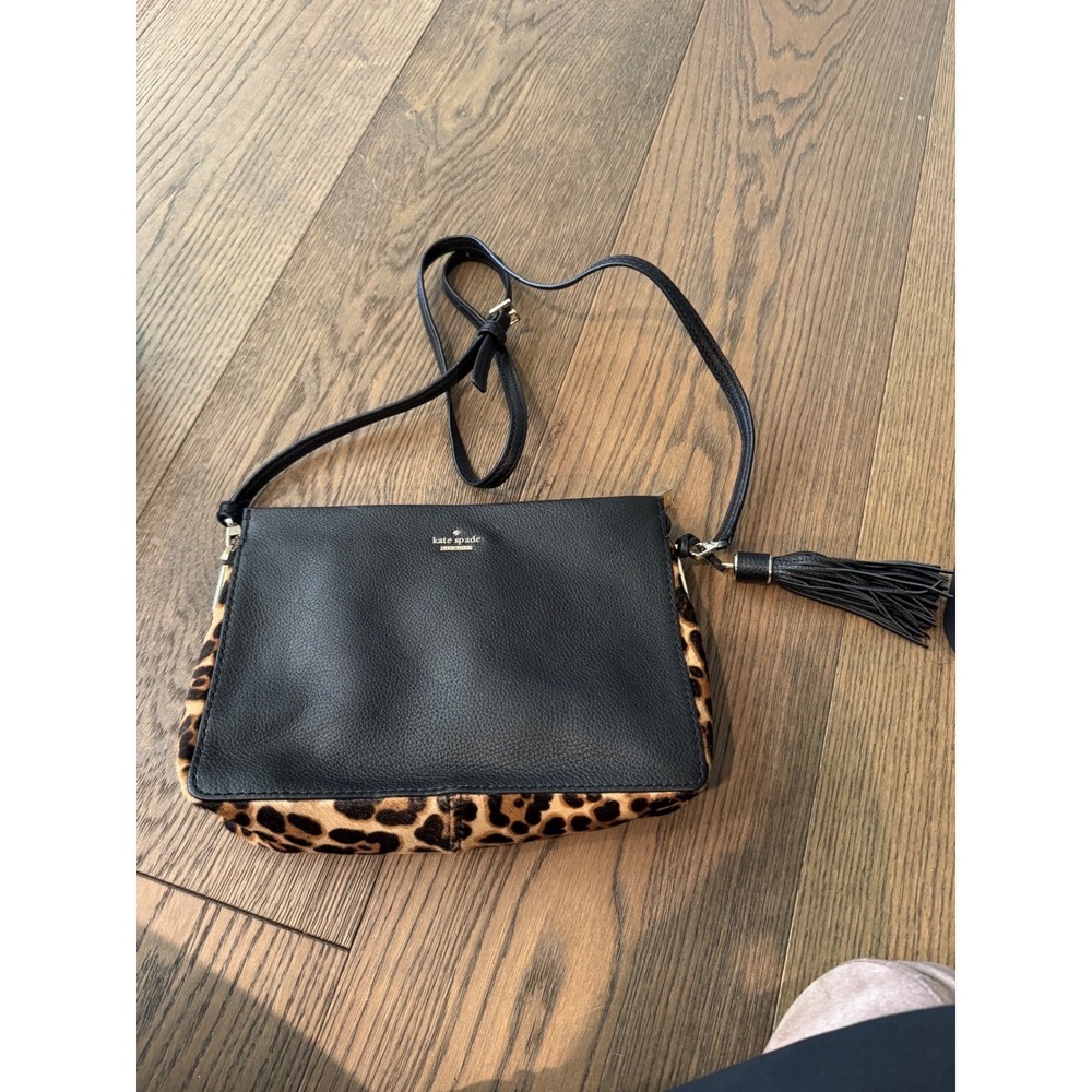 Kate Spade Leopard Calf Hair Black Leather Crossbody Bag Tassel PXRU8271